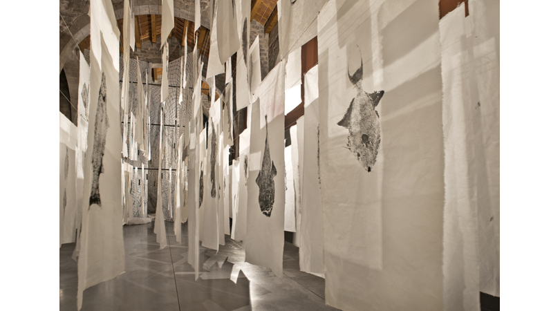 Muntatge en el museu marítim de barcelona de l’exposició de victòria rabal: "gyotaku: capturar l'ànima dels peixos" | Premis FAD 2015 | Intervenciones Efímeras